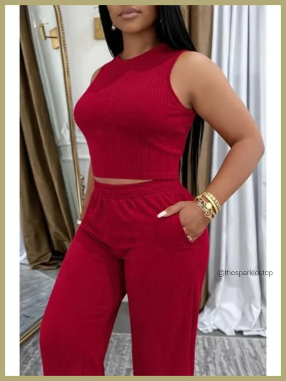 Women's Sleeveless 2 Piece Lounge Set Ribbed Tank Wide Leg Pants Casual